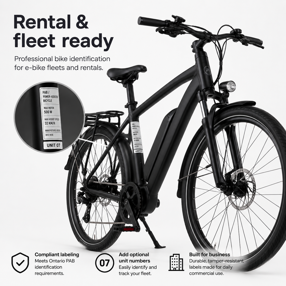 Ontario PAB frame label and optional unit number on e-bike rental fleet bike