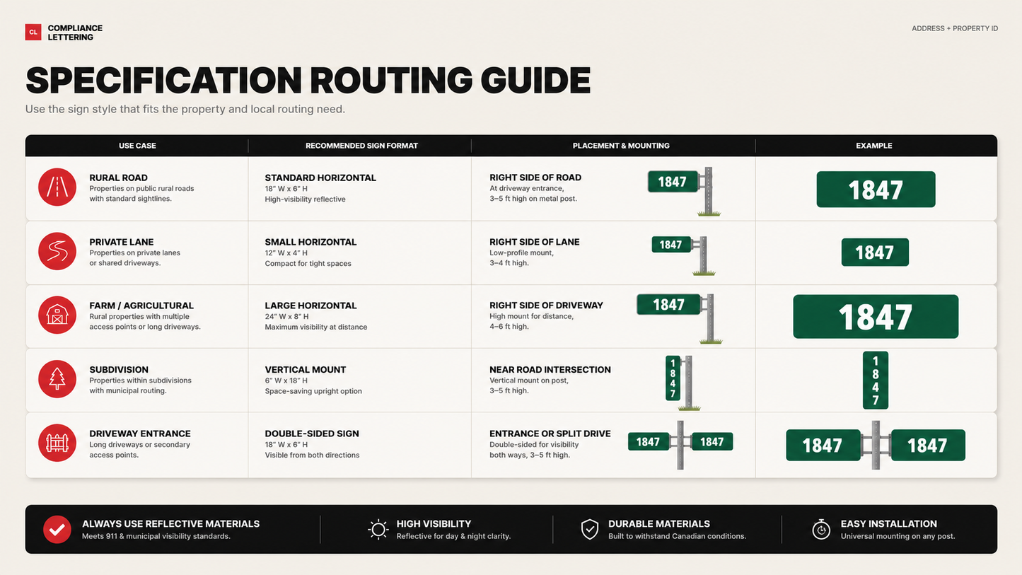 Rural 911 address sign specification and placement routing guide