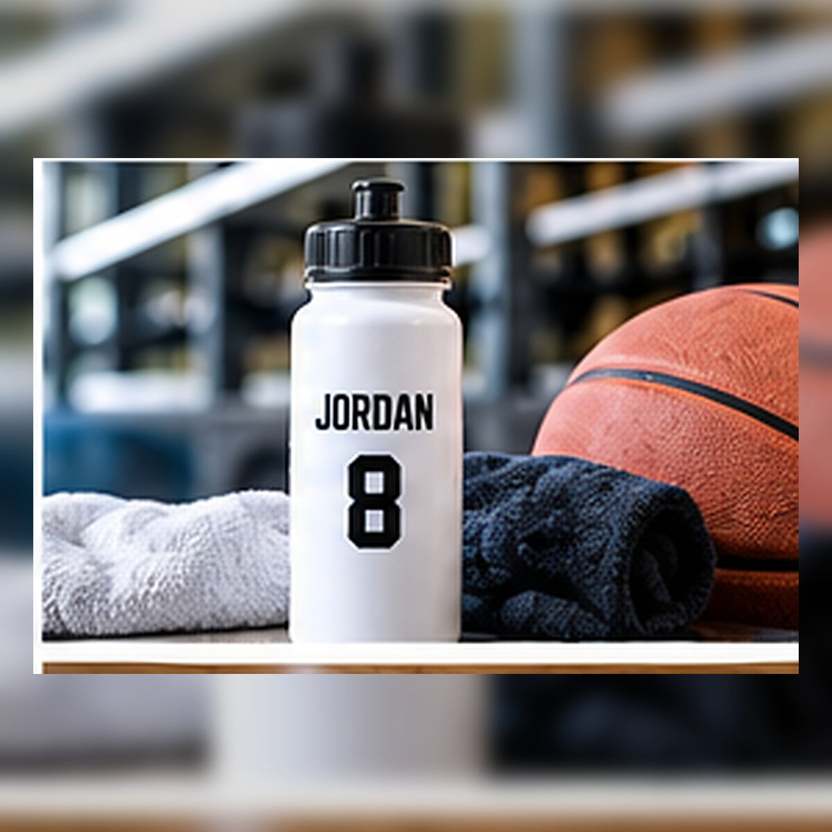 Personalized team bottle shown with sports gear.