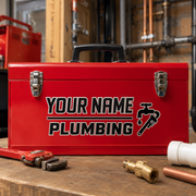 Plumbing style custom toolbox decal on red toolbox