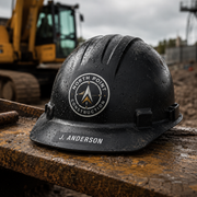 Outdoor jobsite hard hat stickers in tough wet conditions