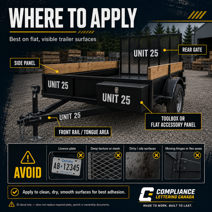 Where to apply utility trailer ID decals on side panels rear gate front rail and toolbox panels