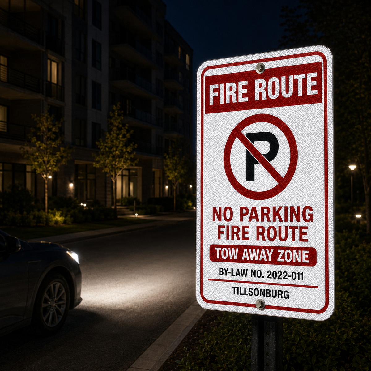 Reflective fire route sign visible at night with car headlights in an apartment driveway
