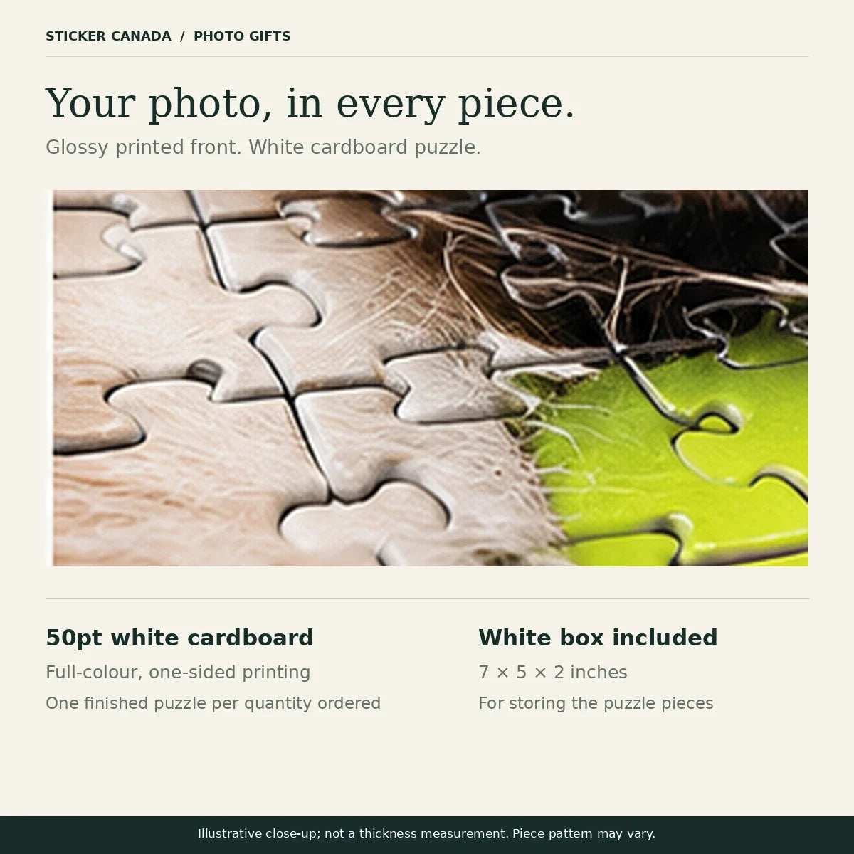 Illustrative close-up of a glossy photo puzzle with 50pt white cardboard and an included white storage box.