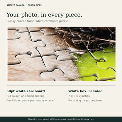 Illustrative close-up of a glossy photo puzzle with 50pt white cardboard and an included white storage box.