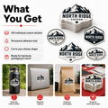 Custom stickers in use on packaging boxes, laptops, water bottles and shop windows