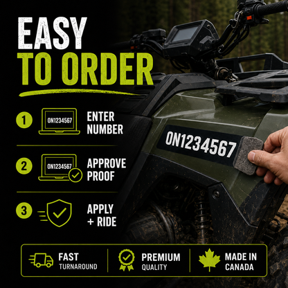 ATV decal ordering path from exact number entry and live proof approval to application