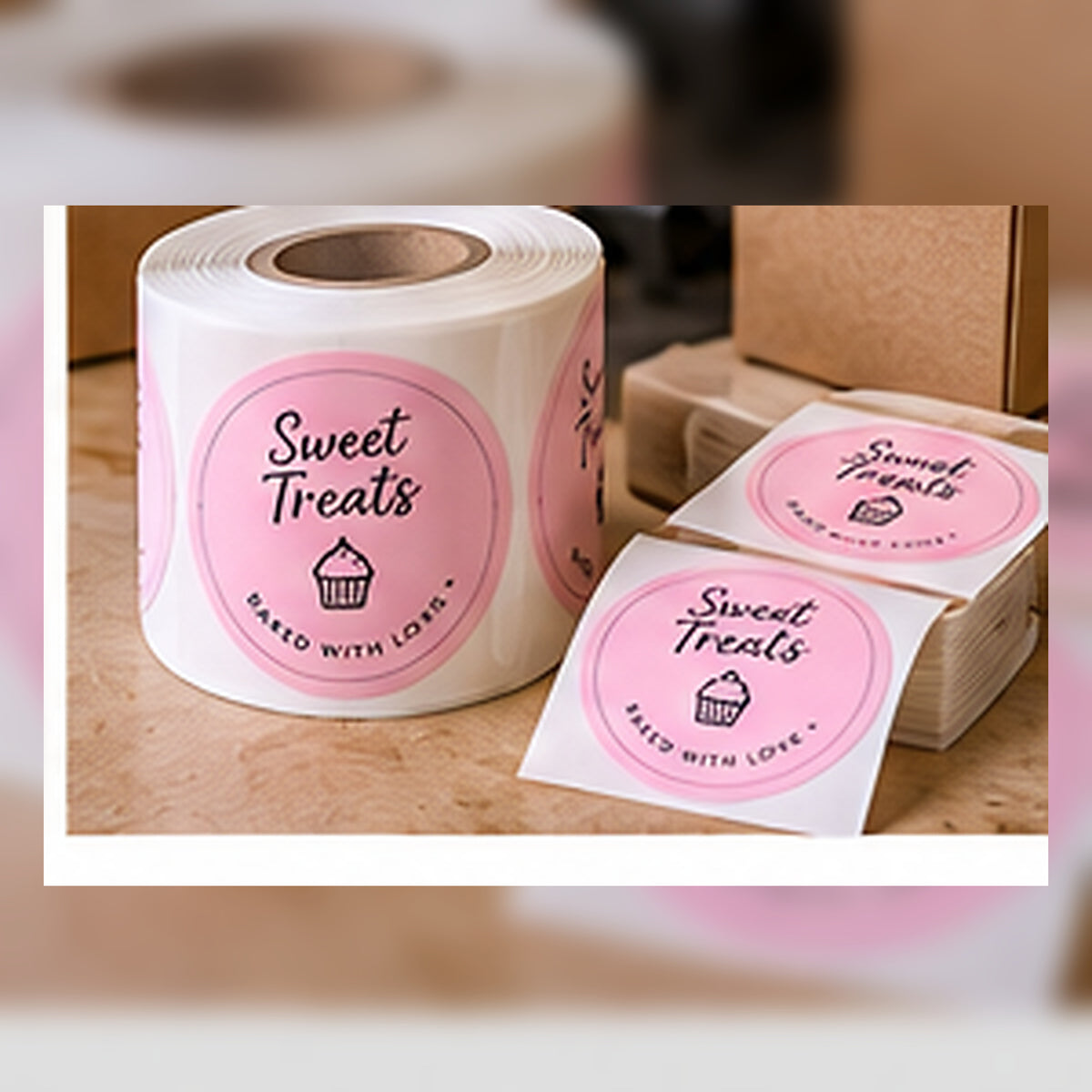 Custom bakery seals shown on bakery packaging.