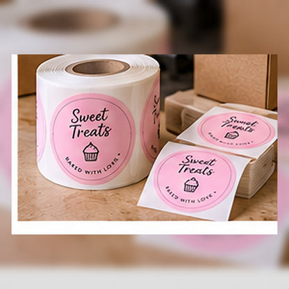 Custom bakery seals shown on bakery packaging.