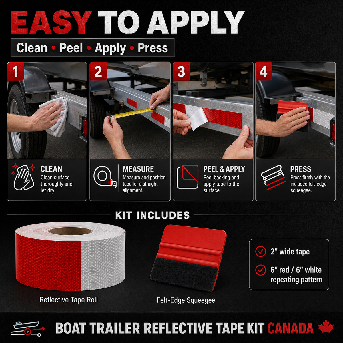 Boat trailer reflective tape install guide showing clean peel apply and press steps