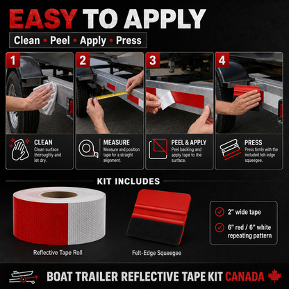 Boat trailer reflective tape install guide showing clean peel apply and press steps