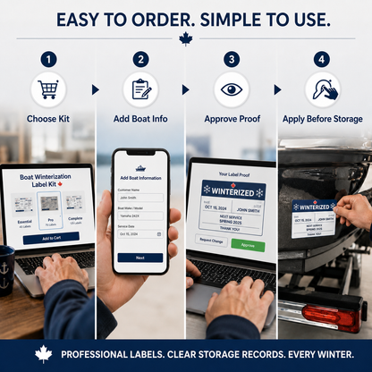 Ordering process for choosing a kit entering boat information approving a proof and applying labels