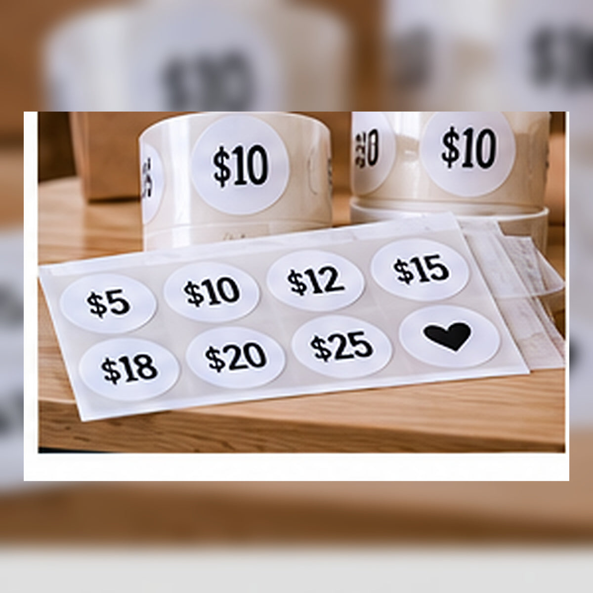 Craft fair price labels shown with handmade goods.