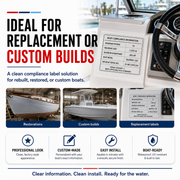 Use case graphic for the custom boat compliance information label highlighting replacement labels, restorations, and custom boat builds.