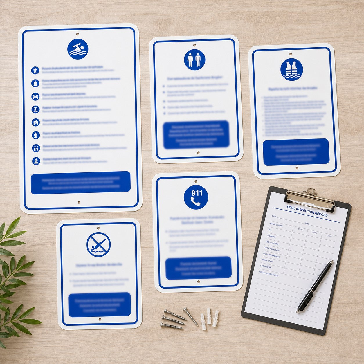 Stack of custom pool regulation signs with inspection checklist and mounting hardware