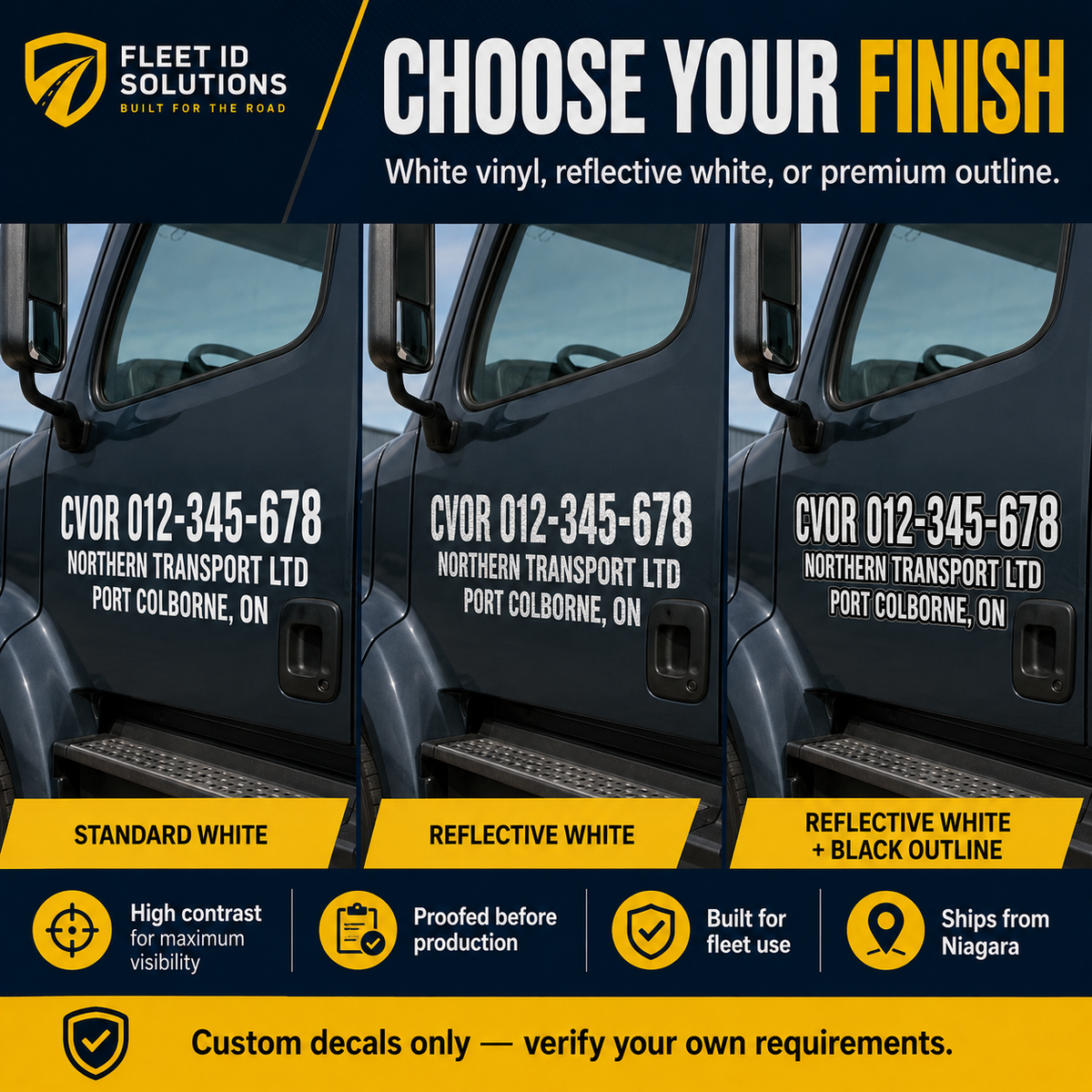 CVOR door decal finish options showing standard white reflective white and reflective white with black outline