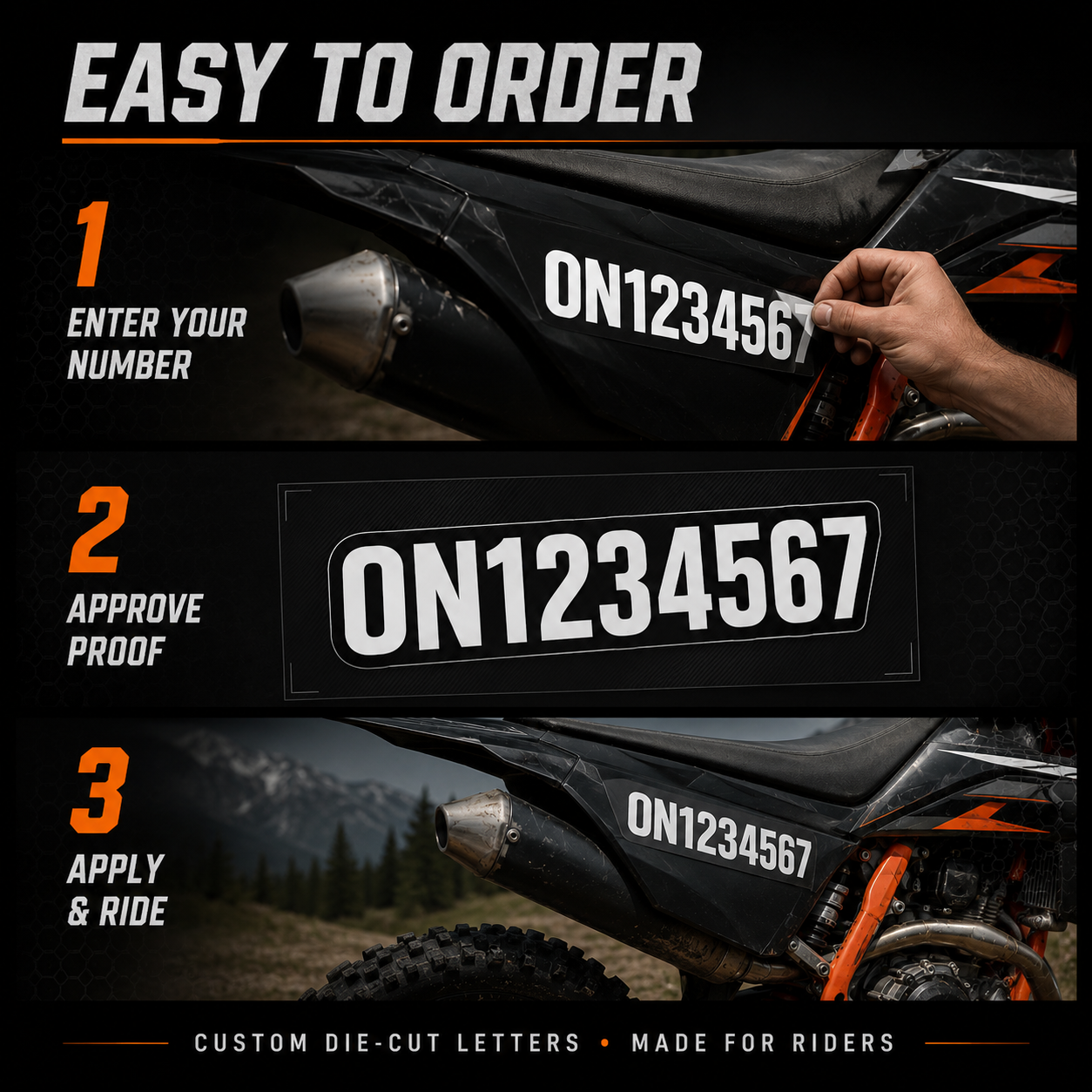 Dirt bike decal ordering path from exact number entry and live proof approval to application