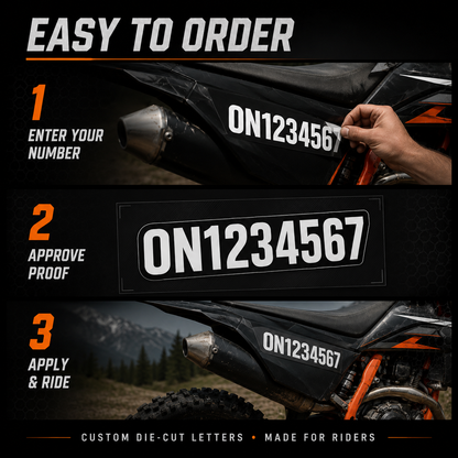 Dirt bike decal ordering path from exact number entry and live proof approval to application