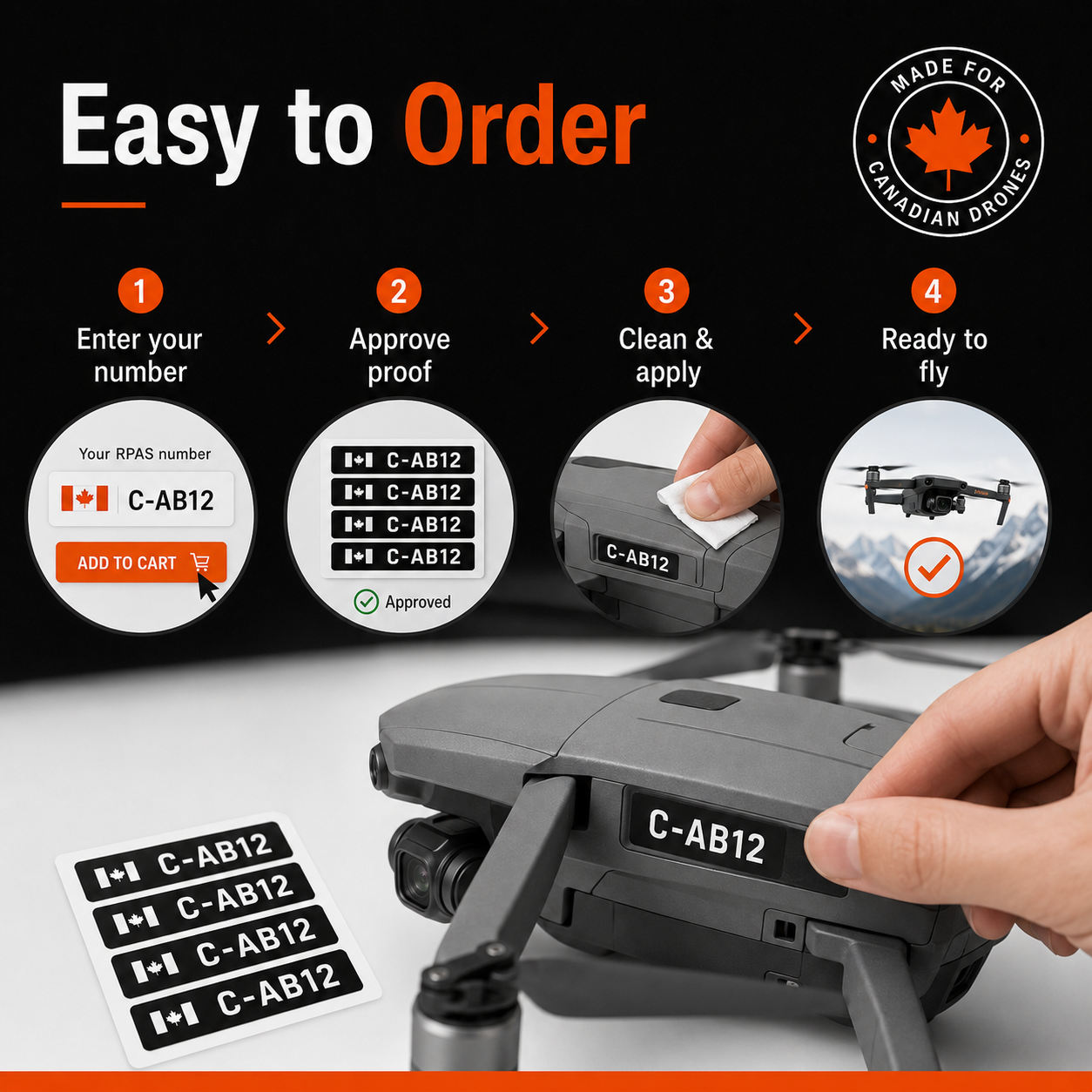 Order process for entering a drone number approving the live proof and applying labels