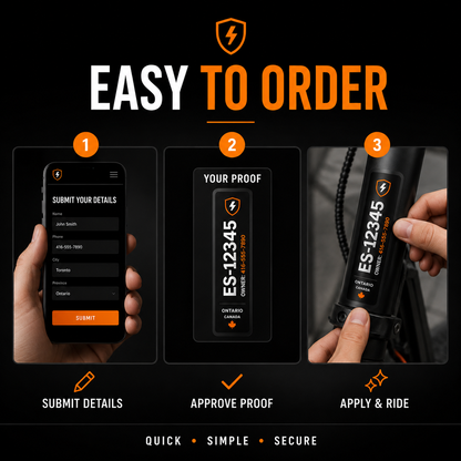 Electric scooter label order path from details and live proof approval to application