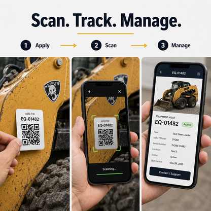 Equipment asset tracking workflow showing apply scan and manage QR label process