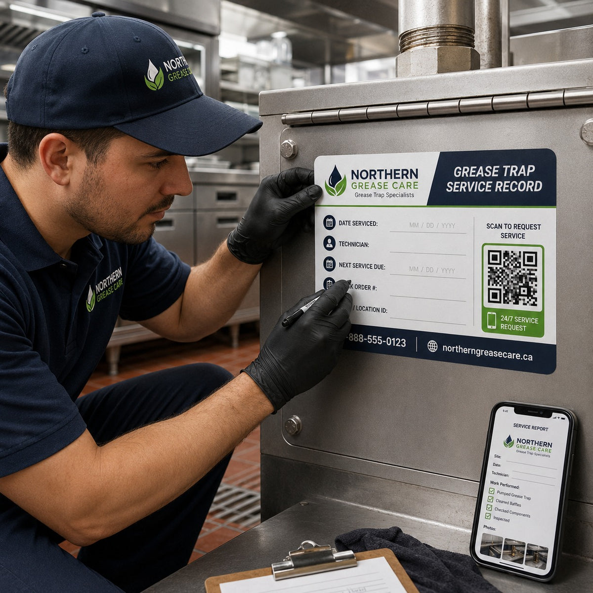 Grease trap service technician completing a sample maintenance label beside a digital service report