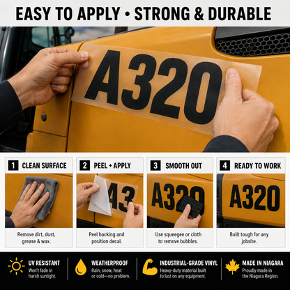 Where to apply heavy equipment unit number decals and easy install steps