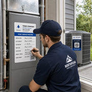 HVAC technician completing an indoor service record label while a matching outdoor contact decal is visible