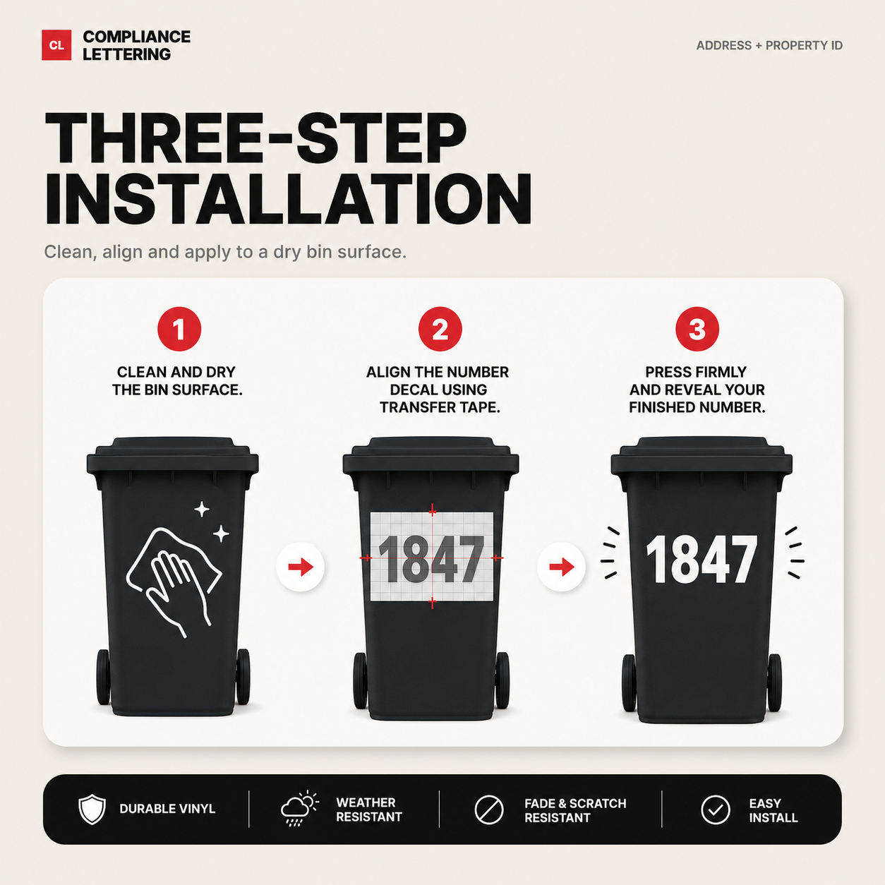 Installation guide for applying number decals to a wheeled bin