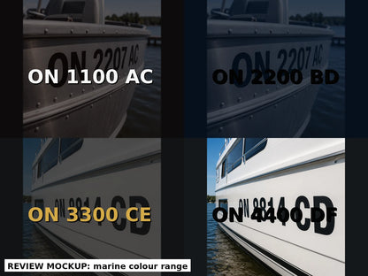 Marine vinyl colour range for boat registration numbers and lettering