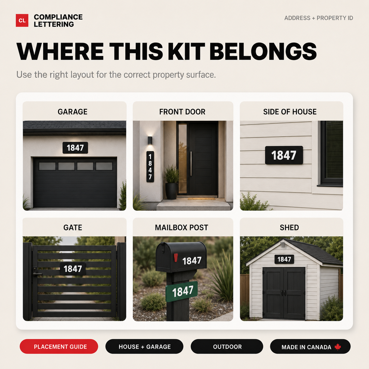Placement guide for house numbers on siding, brick and garage doors