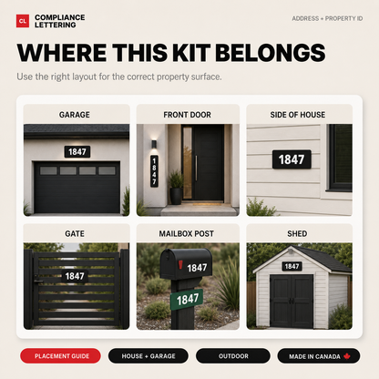 Placement guide for house numbers on siding, brick and garage doors