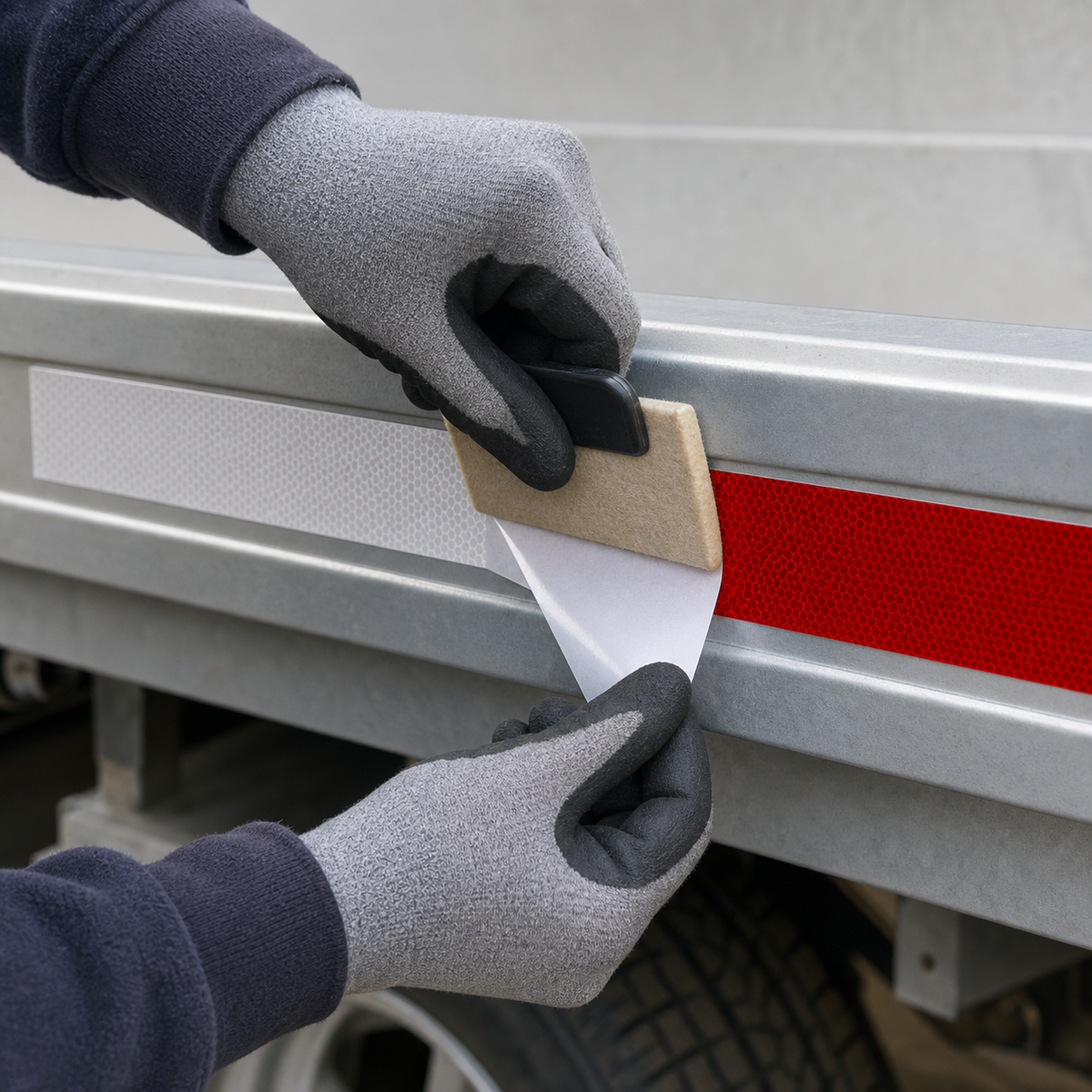 Illustrative installation of red and white reflective tape on a clean trailer rail