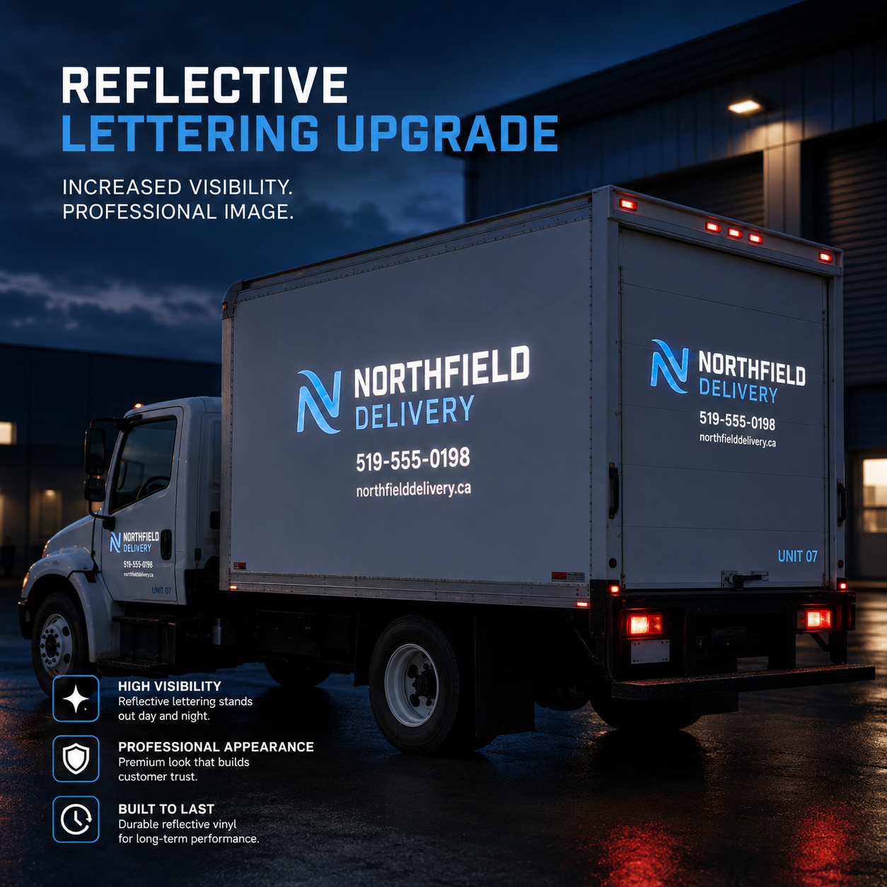 Reflective delivery vehicle branding shown at dusk for high visibility