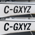 Faded aircraft registration mark before and clean replacement mark after