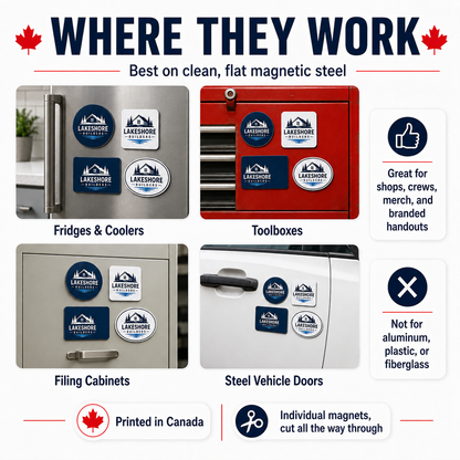Custom logo magnets on clean flat magnetic steel including fridges, toolboxes and filing cabinets
