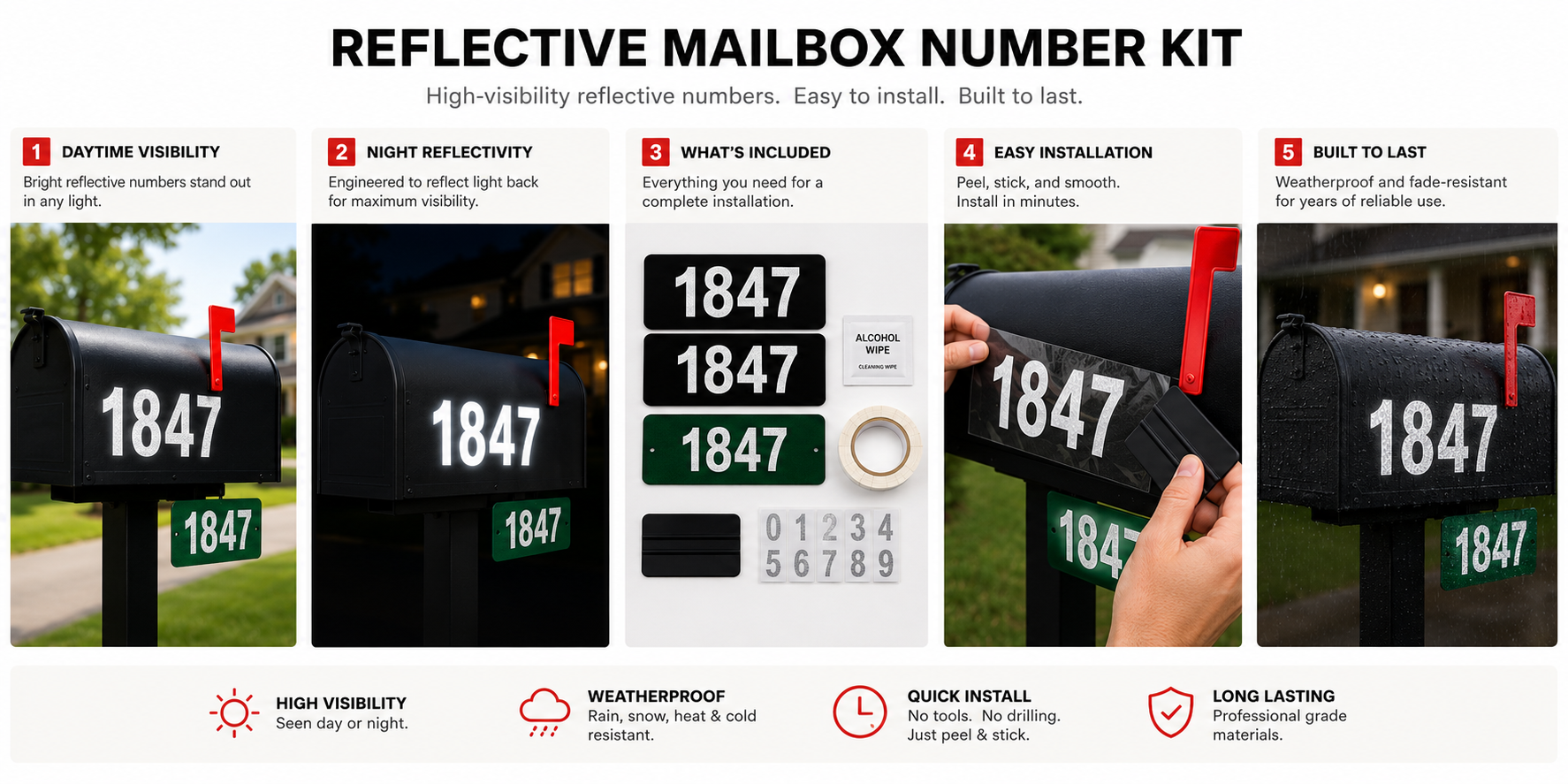 Reflective mailbox number kit overview panel