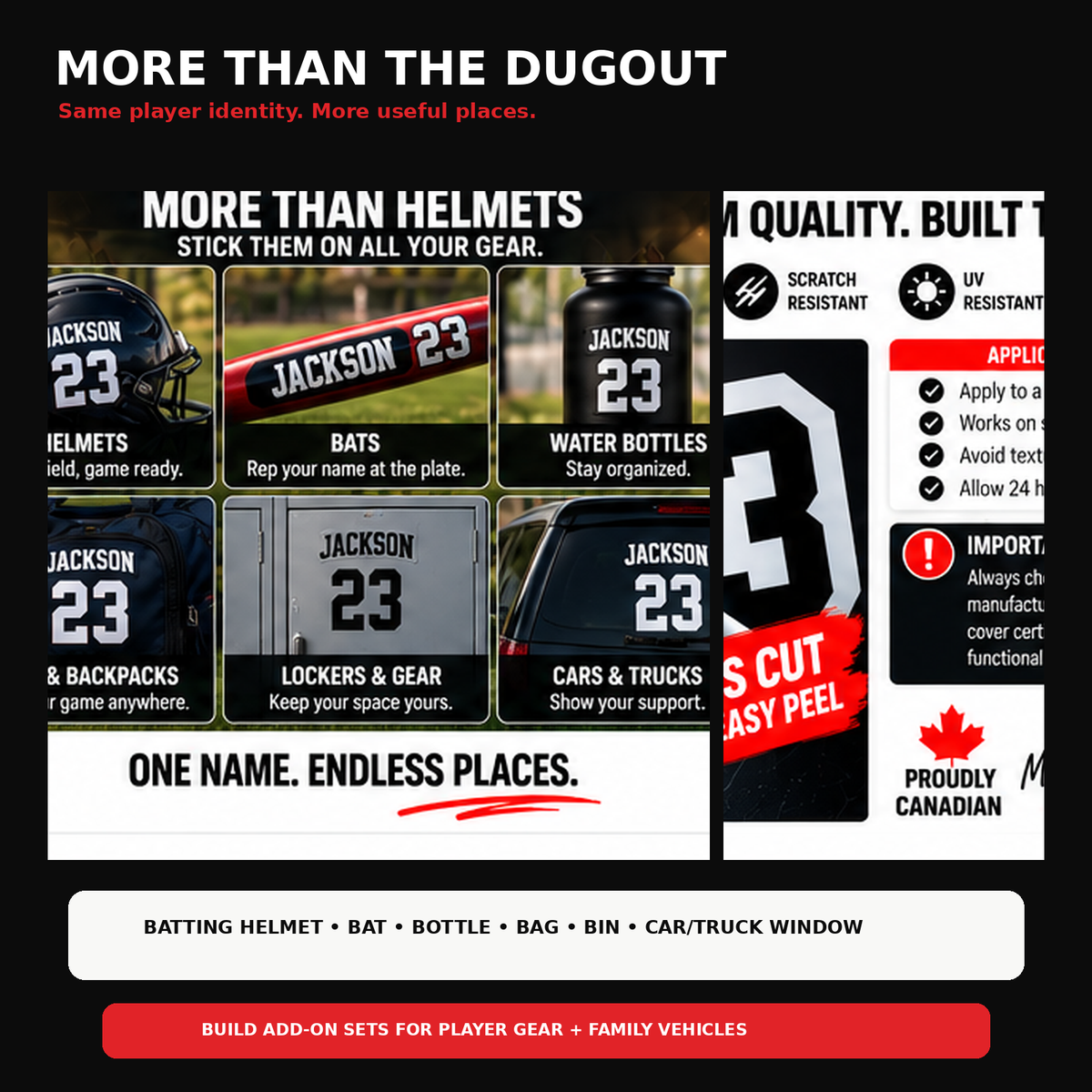 Baseball and softball player stickers used on batting gear, bottles, equipment bins and family vehicles.