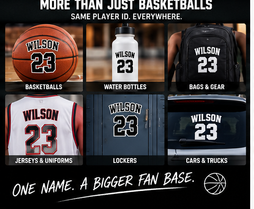 Basketball player identity stickers used across gear, bottles, lockers and supporter vehicles.