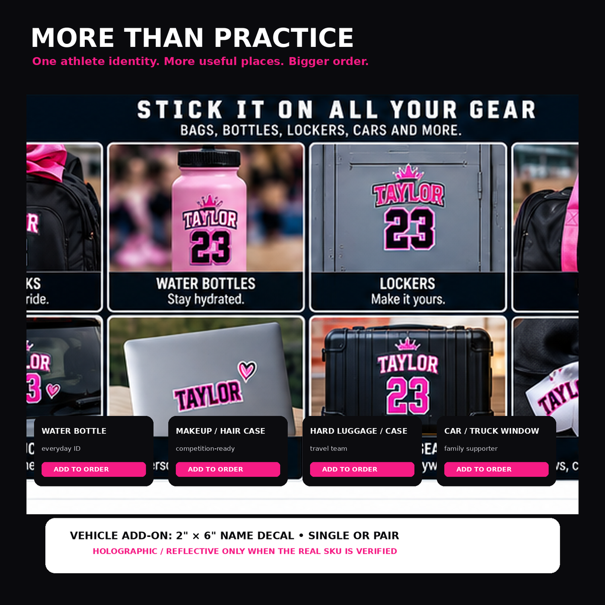 Cheer and dance athlete name sticker add-on uses for bottles, hard cases, travel gear, lockers and family vehicles.