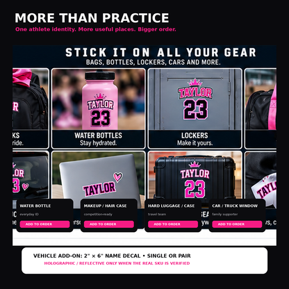 Cheer and dance athlete name sticker add-on uses for bottles, hard cases, travel gear, lockers and family vehicles.