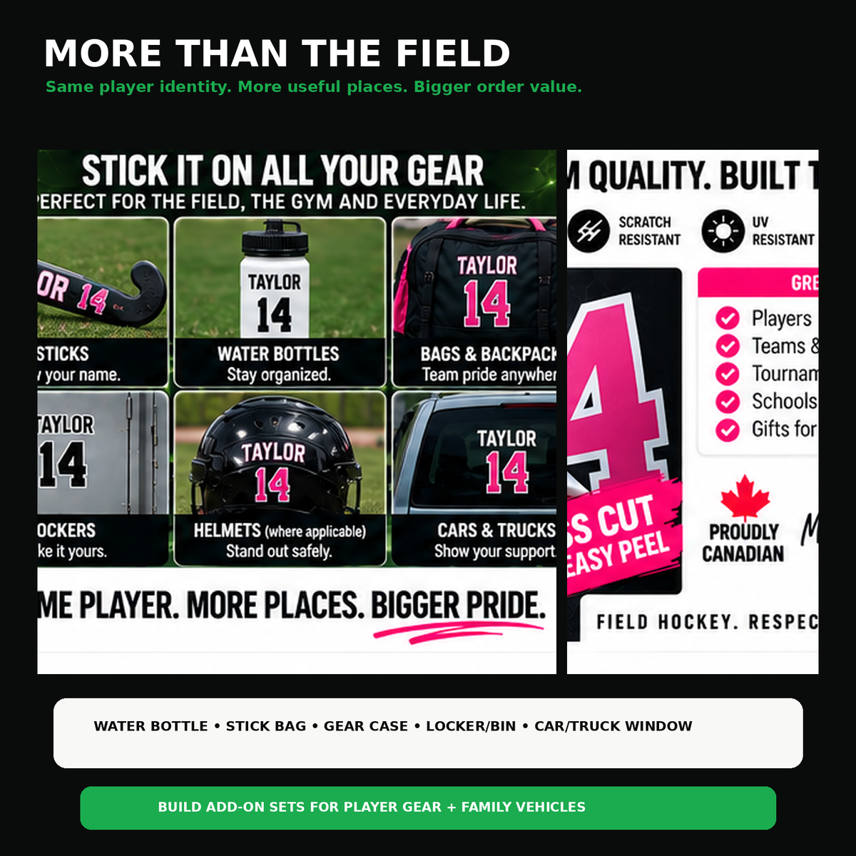Field hockey player name and number stickers used on bottles, gear cases, lockers and family vehicles.