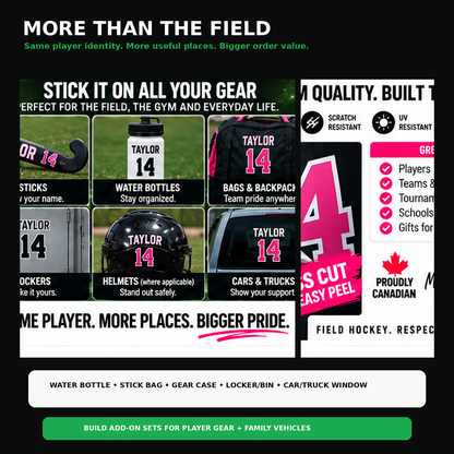 Field hockey player name and number stickers used on bottles, gear cases, lockers and family vehicles.