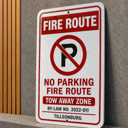 Close-up of reflective aluminum fire route sign showing durable premium finish
