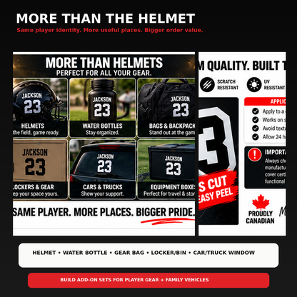 Football player name and number stickers used on helmets, bottles, gear bags, lockers and family vehicles.