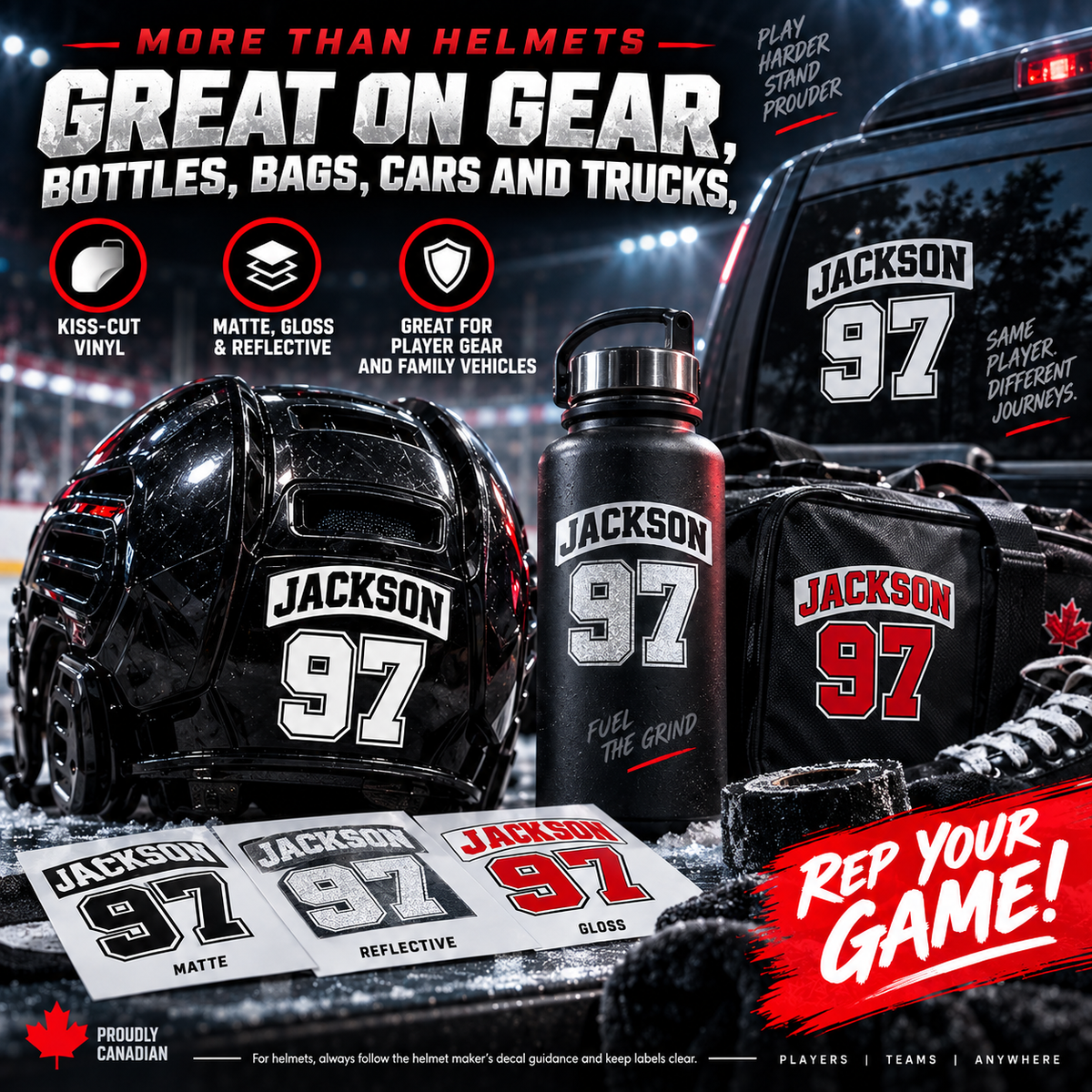 Custom hockey player name and number stickers used on a helmet, water bottle, equipment bag and vehicle window.