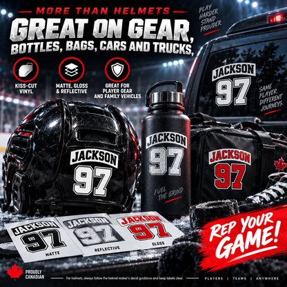 Custom hockey player name and number stickers used on a helmet, water bottle, equipment bag and vehicle window.