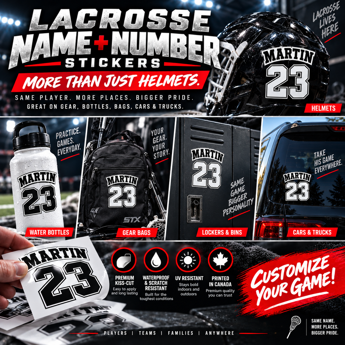 Lacrosse player name and number stickers shown on helmets, bottles, gear bags, lockers and vehicles.