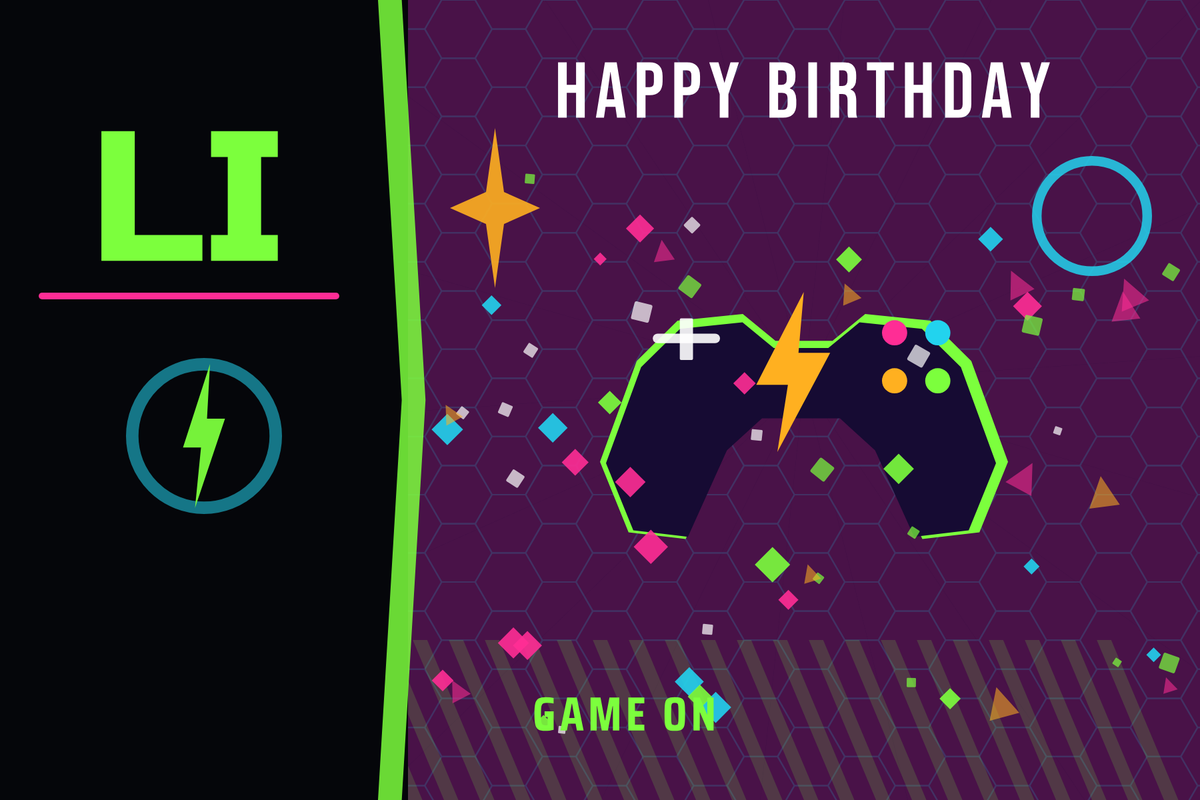 A single-name version of the gamer birthday banner reading LI, showing how the design rebalances when no last name is entered, at 2 ft by 3 ft.
