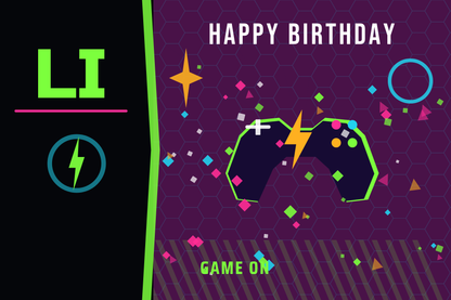 A single-name version of the gamer birthday banner reading LI, showing how the design rebalances when no last name is entered, at 2 ft by 3 ft.